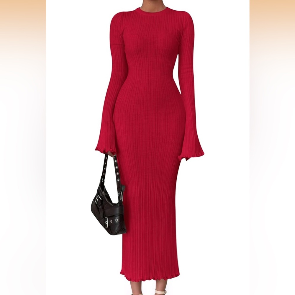 Red Ribbed Long-Sleeve Bodycon Dress